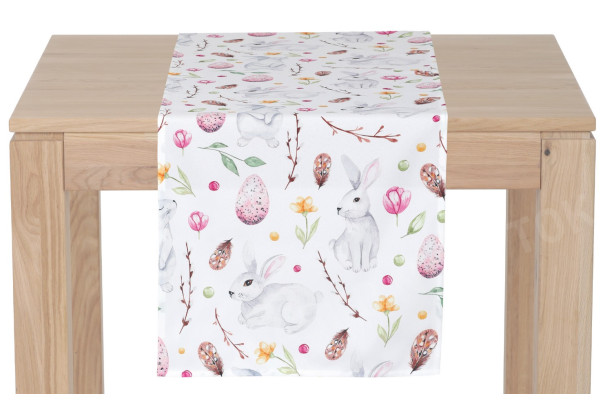 Behúň na stôl Veľkonoční zajačikovia a kvety, 150x40 cm