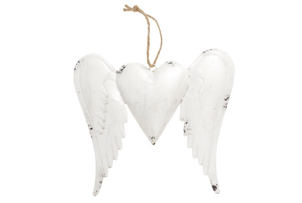 Závesná dekorácia Srdce s krídlami, antik biela