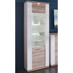 Vysoká vitrína Caracas typ 01, dub/biely lesk, s osvetlením