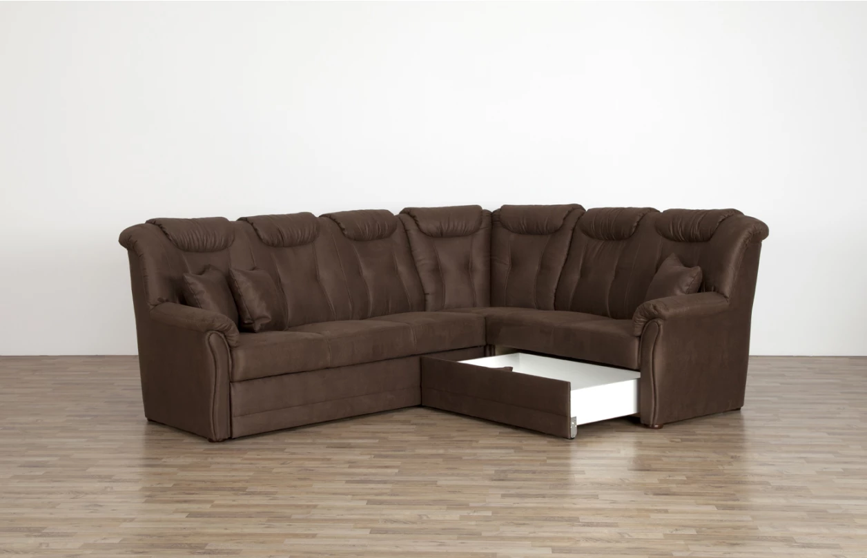 Rohová sedacia súprava Linz, hnedá látka v optike kože, s rozkladem 6
