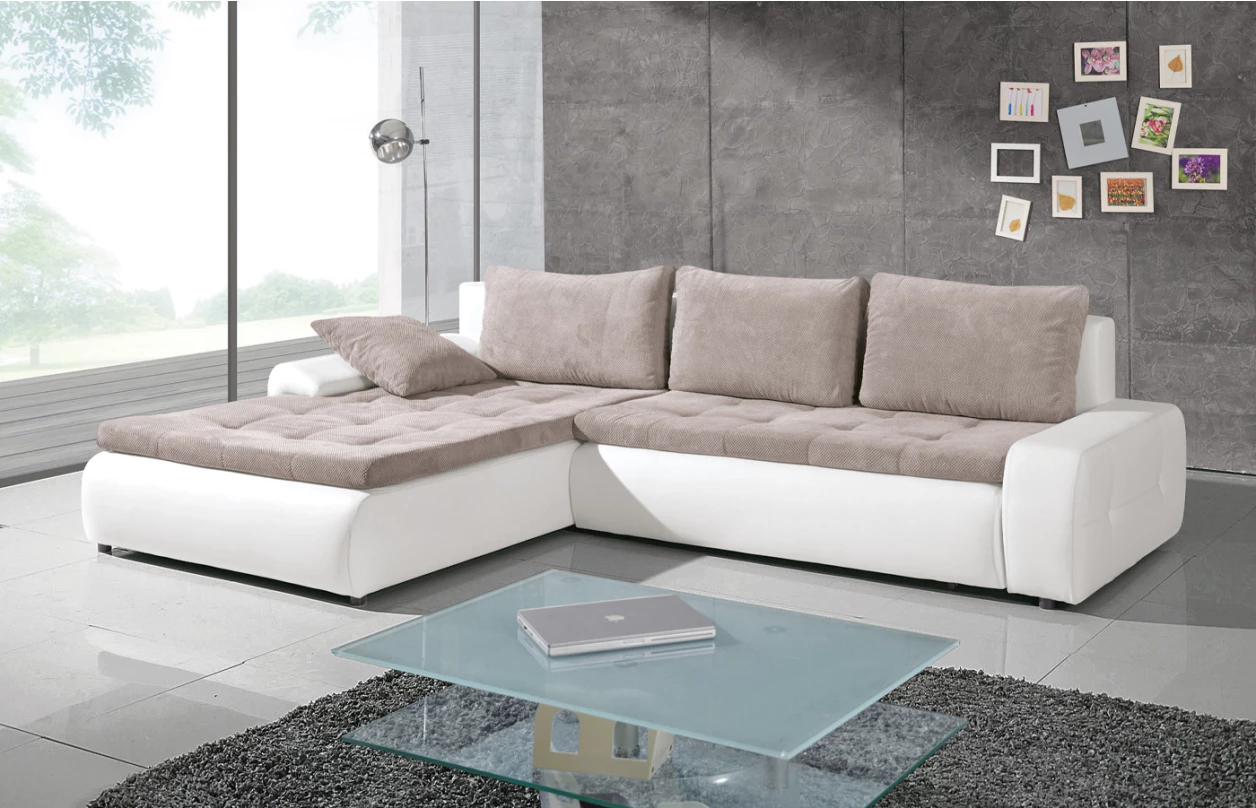 Rohová sedacia súprava Galileo, biela ekokoža/krémová látka