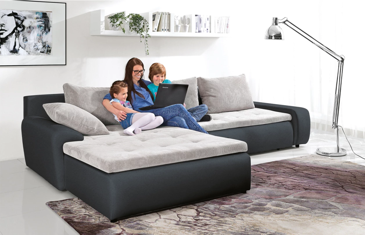 Rohová sedacia súprava Galileo, biela ekokoža/krémová látka