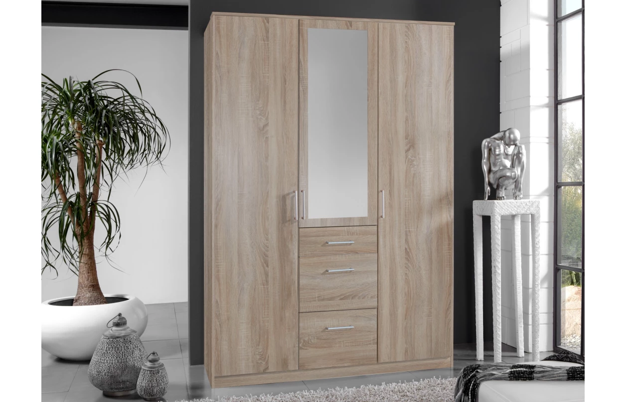 Šatníková skriňa so zrkadlom Click, 135 cm, biela/dub sonoma 13