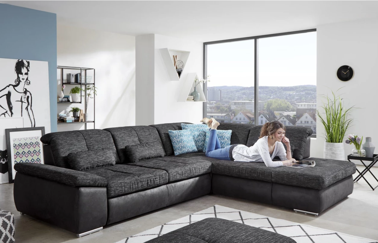 Sedacia súprava Alvaro, tvar U, antracitová látka, s funkciami 6