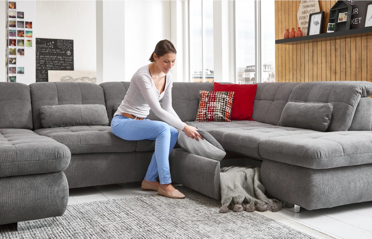 Rohová sedacia súprava Spotlight, ružová látka, pravý roh, s funkciami 2