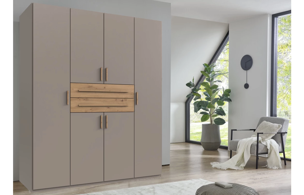 Šatníková skriňa so zásuvkami Digit, 225 cm, béžová kašmír/dub artisan 1