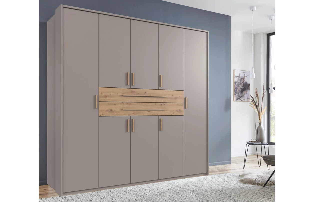 Šatníková skriňa so zásuvkami Digit, 225 cm, béžová kašmír/dub artisan 9