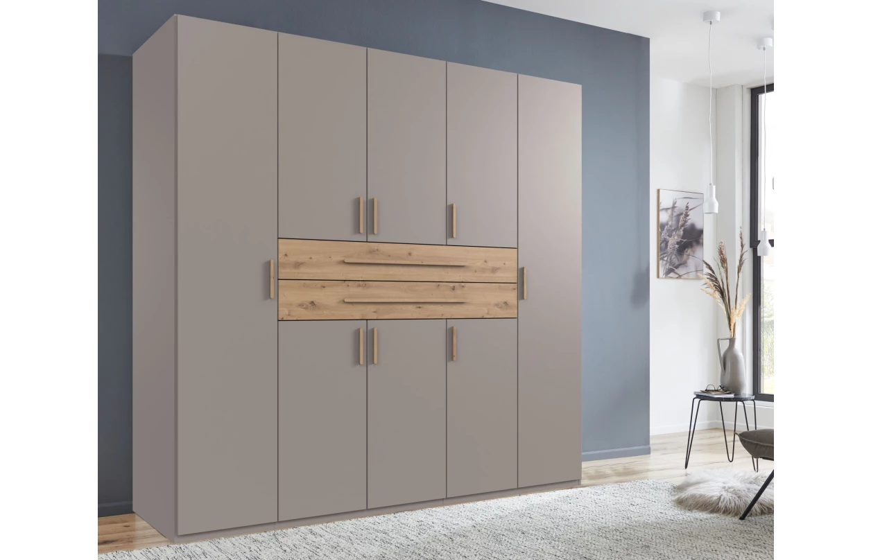 Šatníková skriňa so zásuvkami Digit, 225 cm, béžová kašmír/dub artisan 10