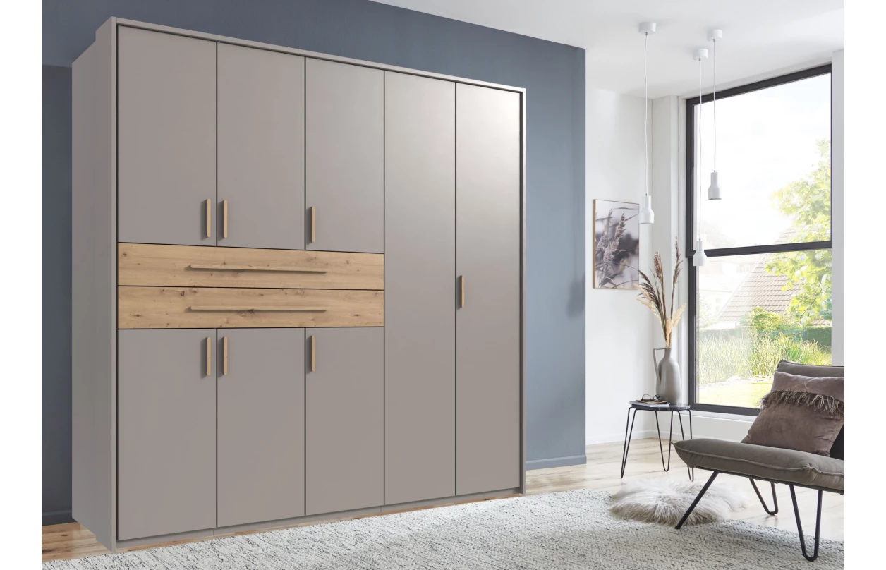 Šatníková skriňa so zásuvkami Digit, 225 cm, béžová kašmír/dub artisan 13
