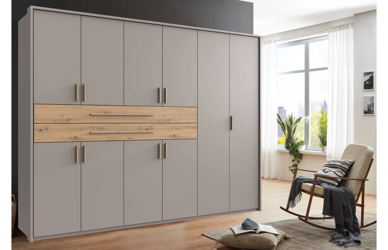 Šatníková skriňa so zásuvkami Digit, 225 cm, béžová kašmír/dub artisan 15