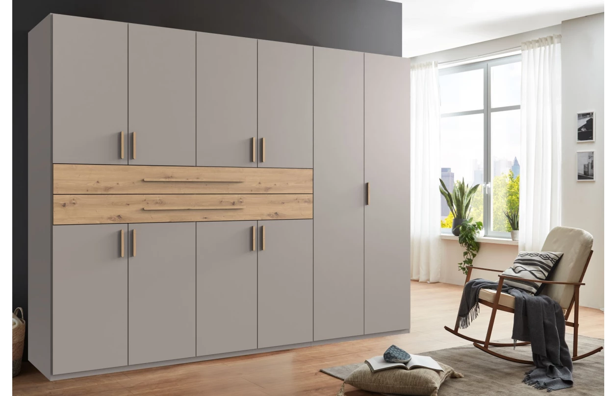 Šatníková skriňa so zásuvkami Digit, 225 cm, béžová kašmír/dub artisan 16