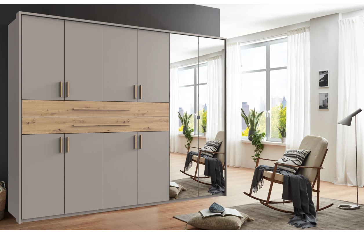 Šatníková skriňa so zásuvkami Digit, 225 cm, béžová kašmír/dub artisan 19