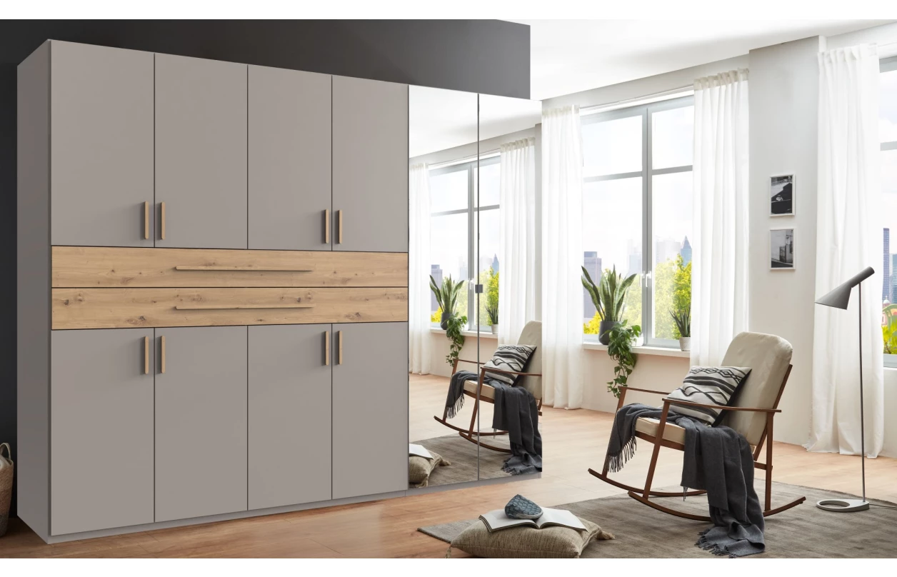Šatníková skriňa so zásuvkami Digit, 225 cm, béžová kašmír/dub artisan 20