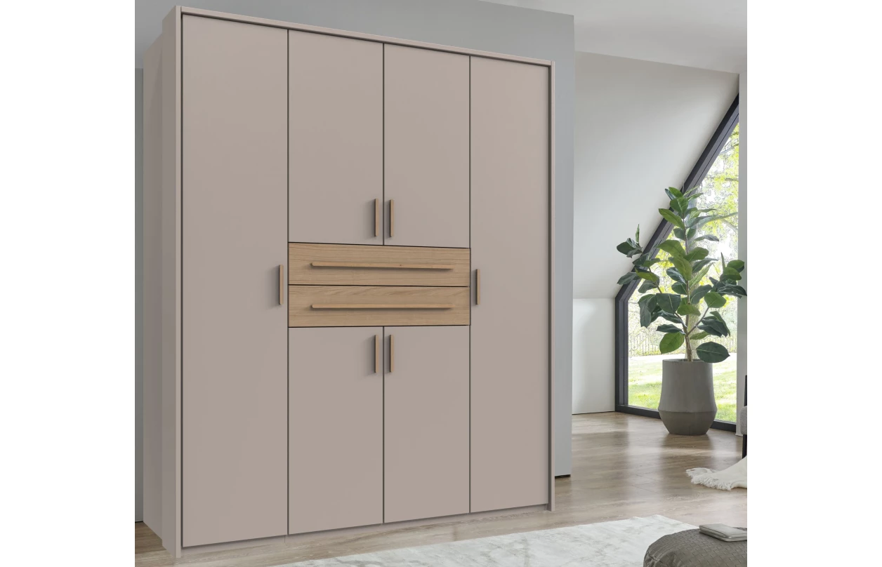 Šatníková skriňa so zásuvkami Digit, 225 cm, béžová kašmír/dub artisan 42