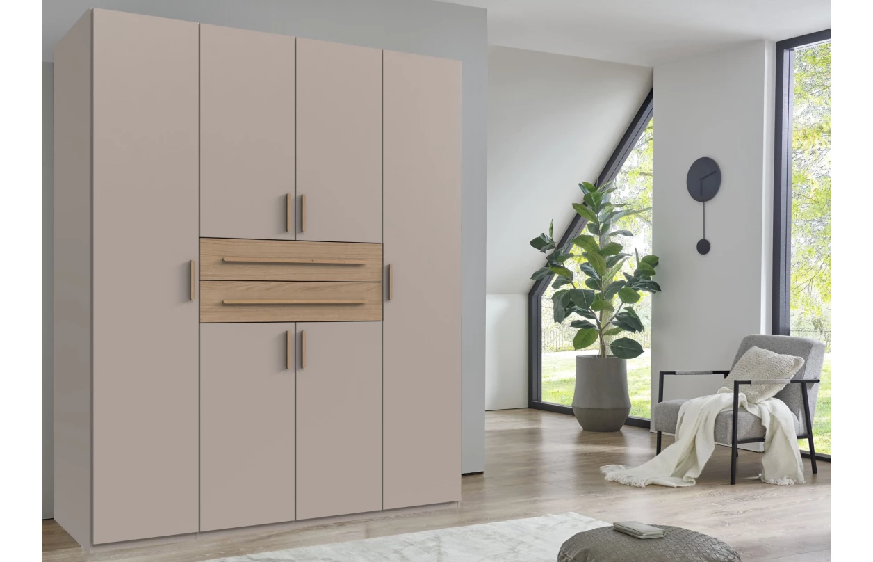 Šatníková skriňa so zásuvkami Digit, 225 cm, béžová kašmír/dub artisan 43