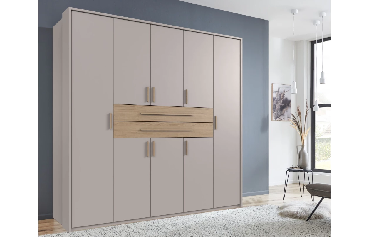 Šatníková skriňa so zásuvkami Digit, 225 cm, béžová kašmír/dub artisan 44