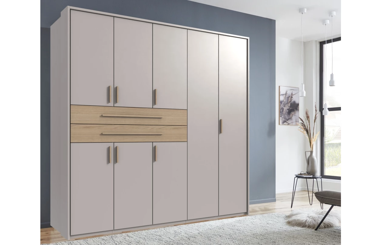 Šatníková skriňa so zásuvkami Digit, 225 cm, béžová kašmír/dub artisan 47