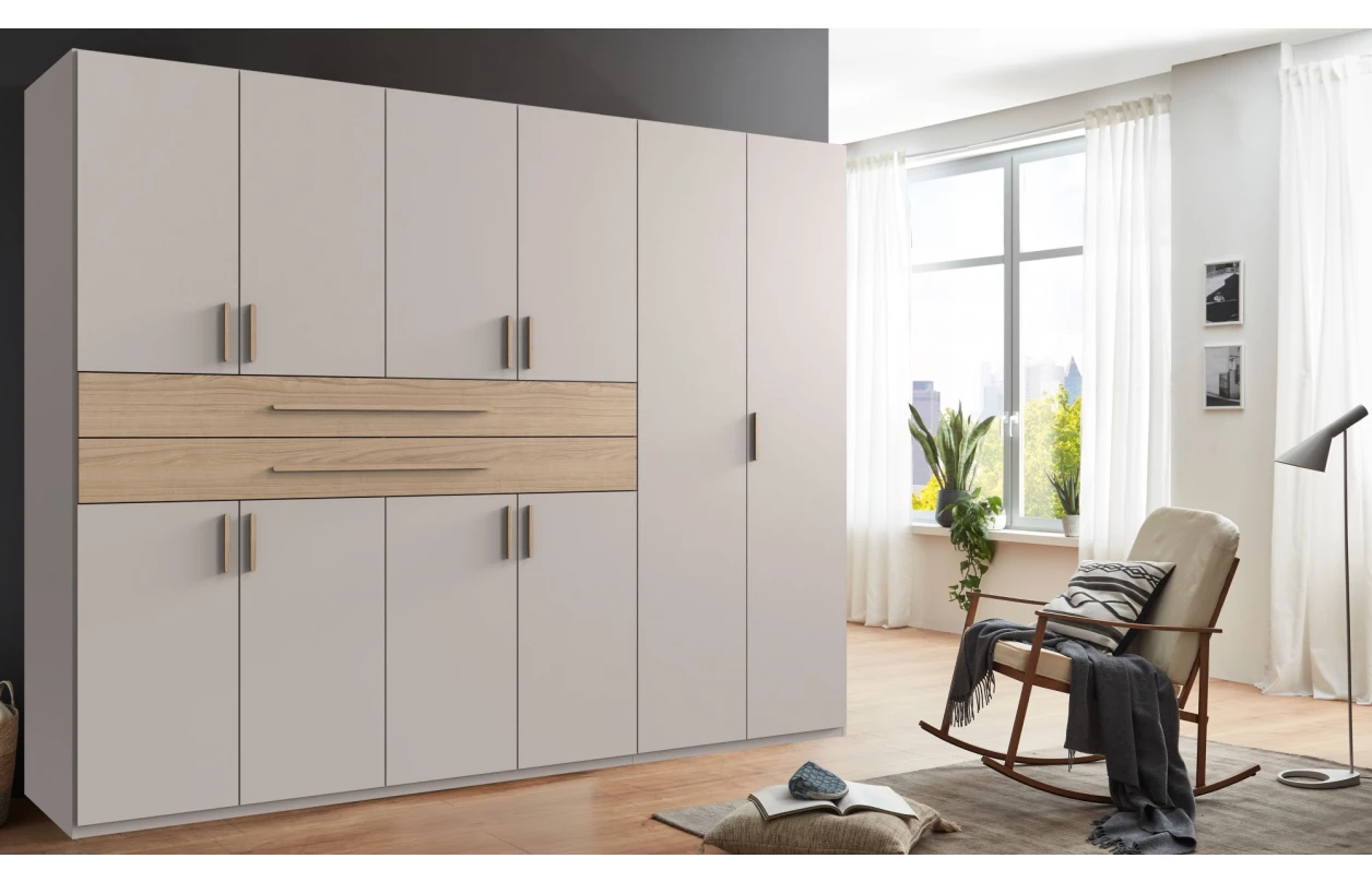 Šatníková skriňa so zásuvkami Digit, 225 cm, béžová kašmír/dub artisan 50