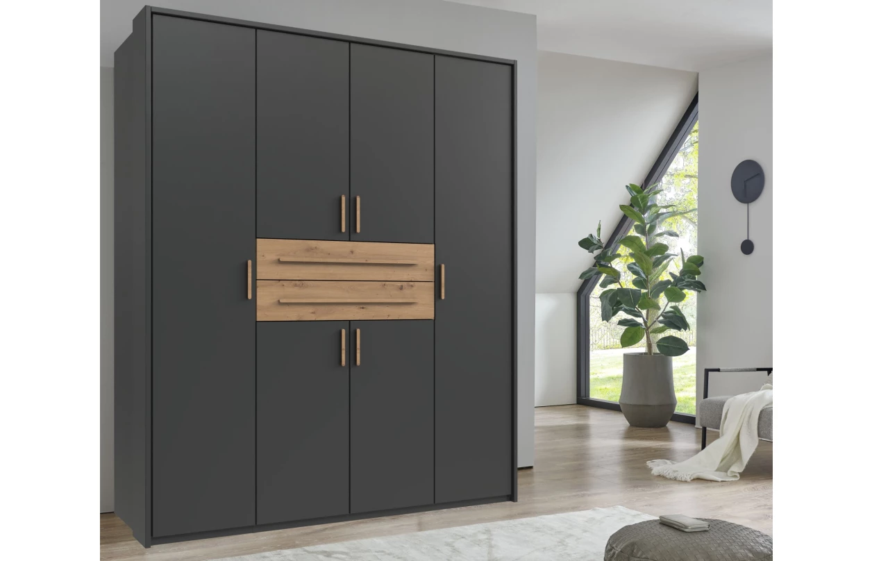 Šatníková skriňa so zásuvkami Digit, 225 cm, béžová kašmír/dub artisan 93