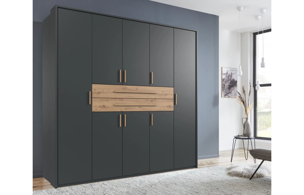 Šatníková skriňa so zásuvkami Digit, 225 cm, béžová kašmír/dub artisan 100