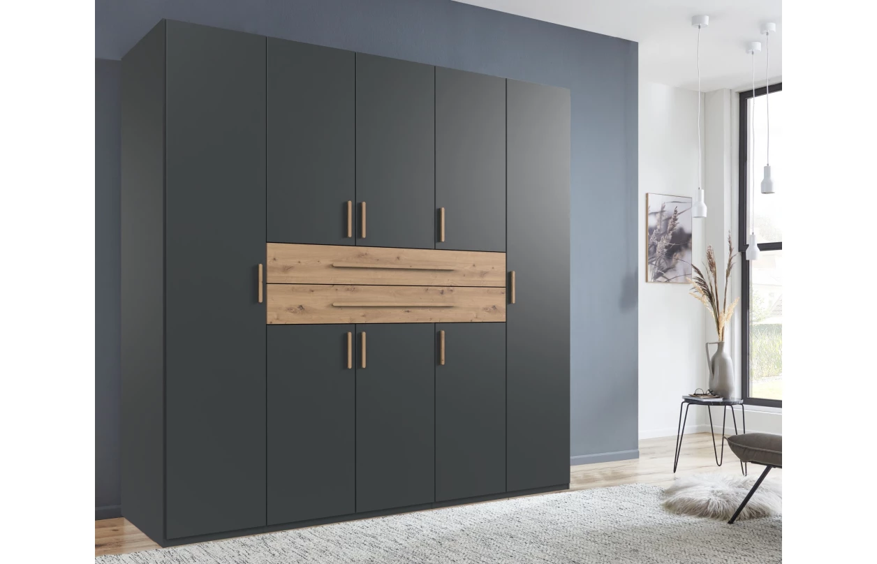 Šatníková skriňa so zásuvkami Digit, 225 cm, béžová kašmír/dub artisan 95