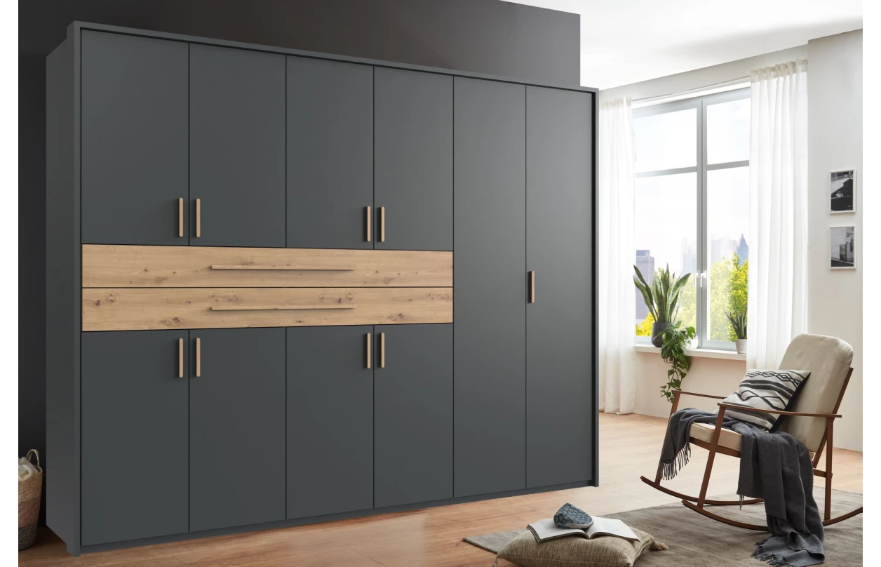 Šatníková skriňa so zásuvkami Digit, 225 cm, béžová kašmír/dub artisan 99