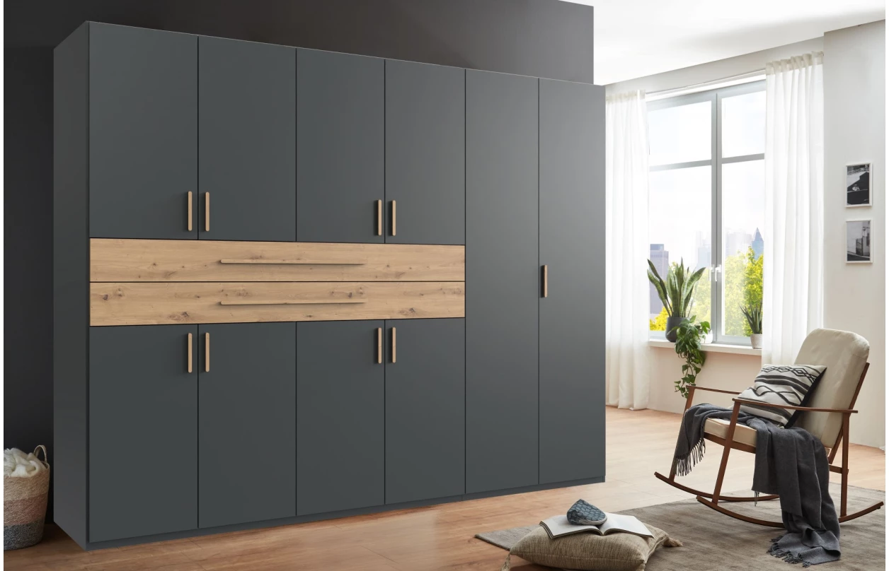 Šatníková skriňa so zásuvkami Digit, 225 cm, béžová kašmír/dub artisan 101