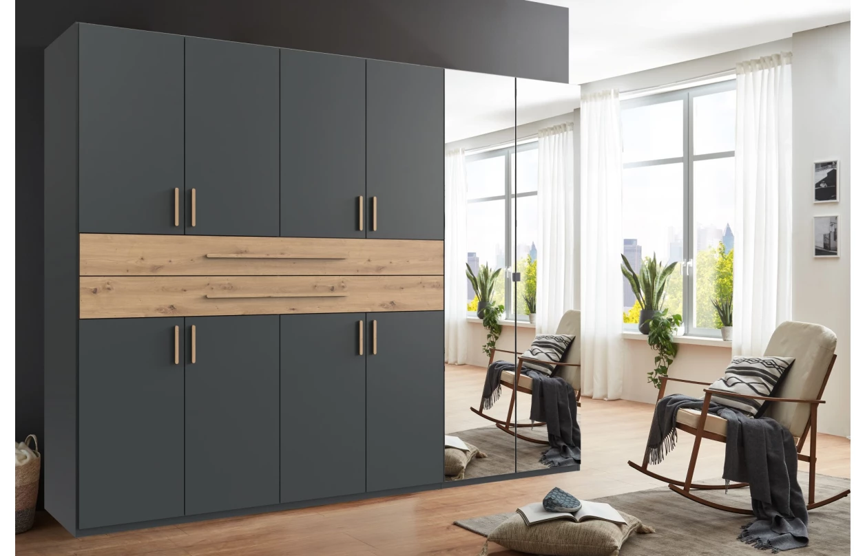 Šatníková skriňa so zásuvkami Digit, 225 cm, béžová kašmír/dub artisan 105