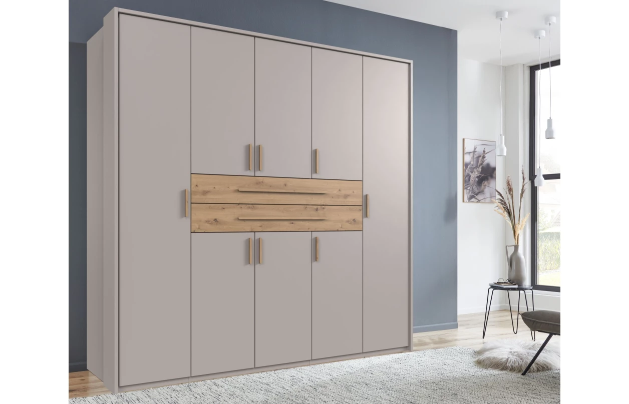 Šatníková skriňa so zásuvkami Digit, 225 cm, béžová kašmír/dub artisan 111