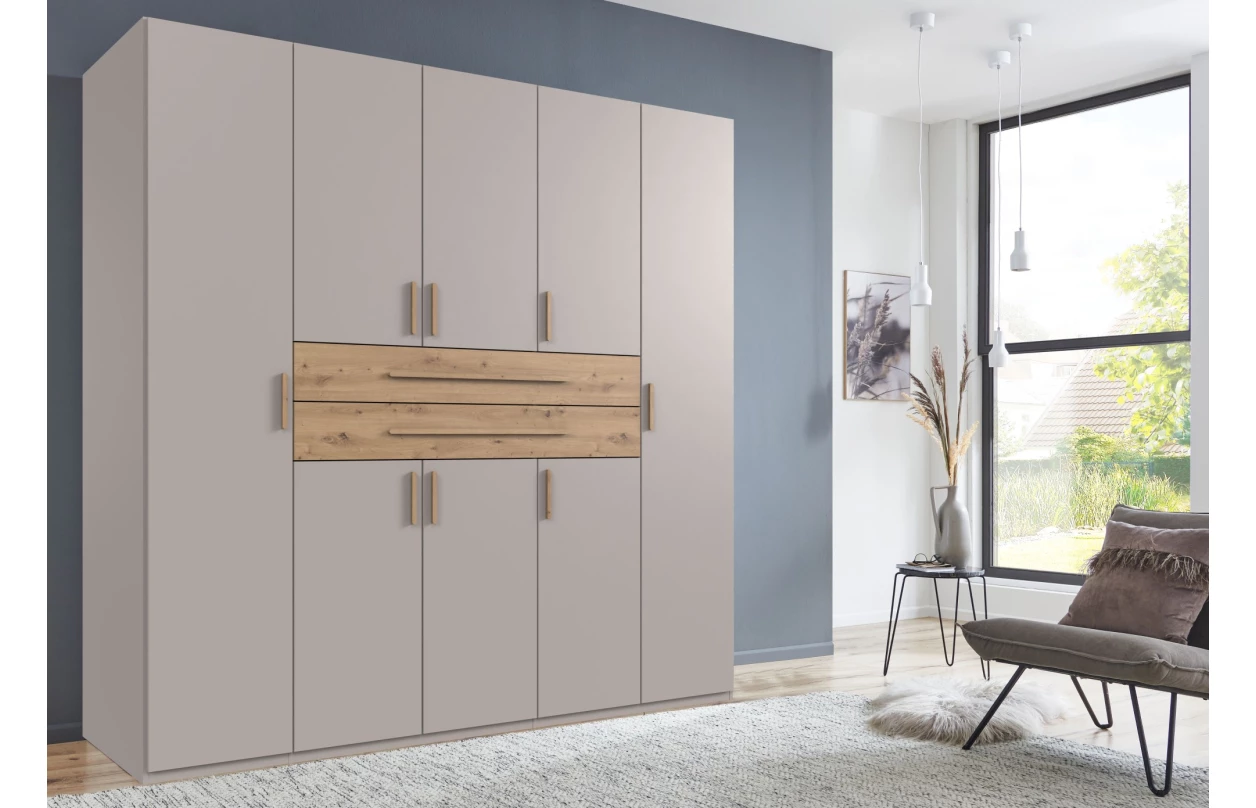 Šatníková skriňa so zásuvkami Digit, 225 cm, béžová kašmír/dub artisan 112