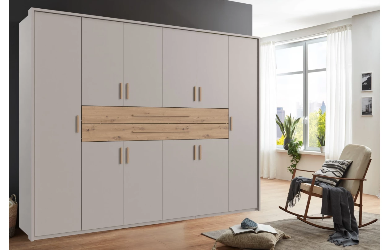 Šatníková skriňa so zásuvkami Digit, 225 cm, béžová kašmír/dub artisan 113