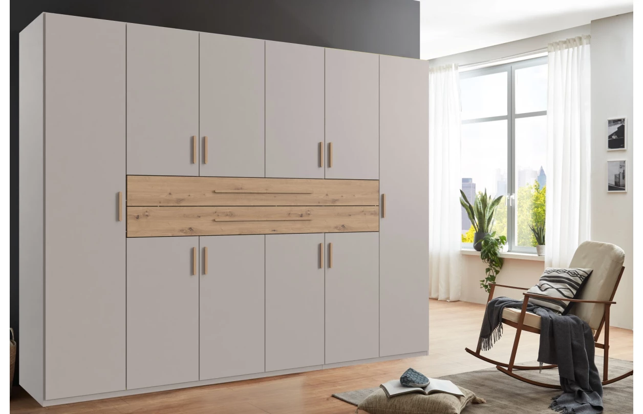 Šatníková skriňa so zásuvkami Digit, 225 cm, béžová kašmír/dub artisan 114