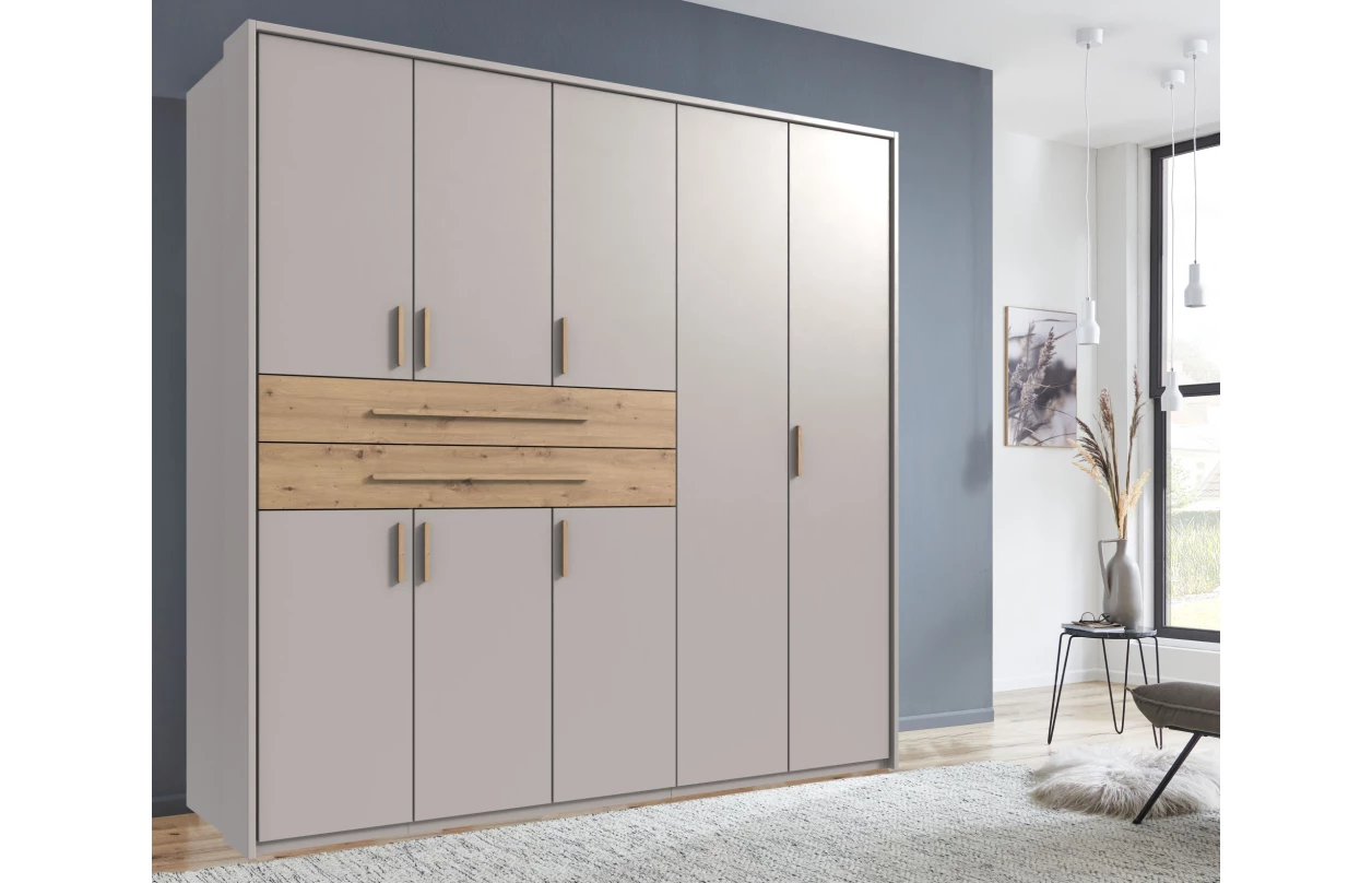 Šatníková skriňa so zásuvkami Digit, 225 cm, béžová kašmír/dub artisan 115