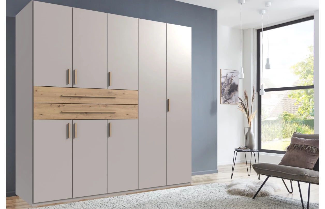 Šatníková skriňa so zásuvkami Digit, 225 cm, béžová kašmír/dub artisan 116