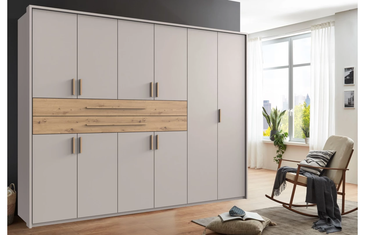 Šatníková skriňa so zásuvkami Digit, 225 cm, béžová kašmír/dub artisan 117