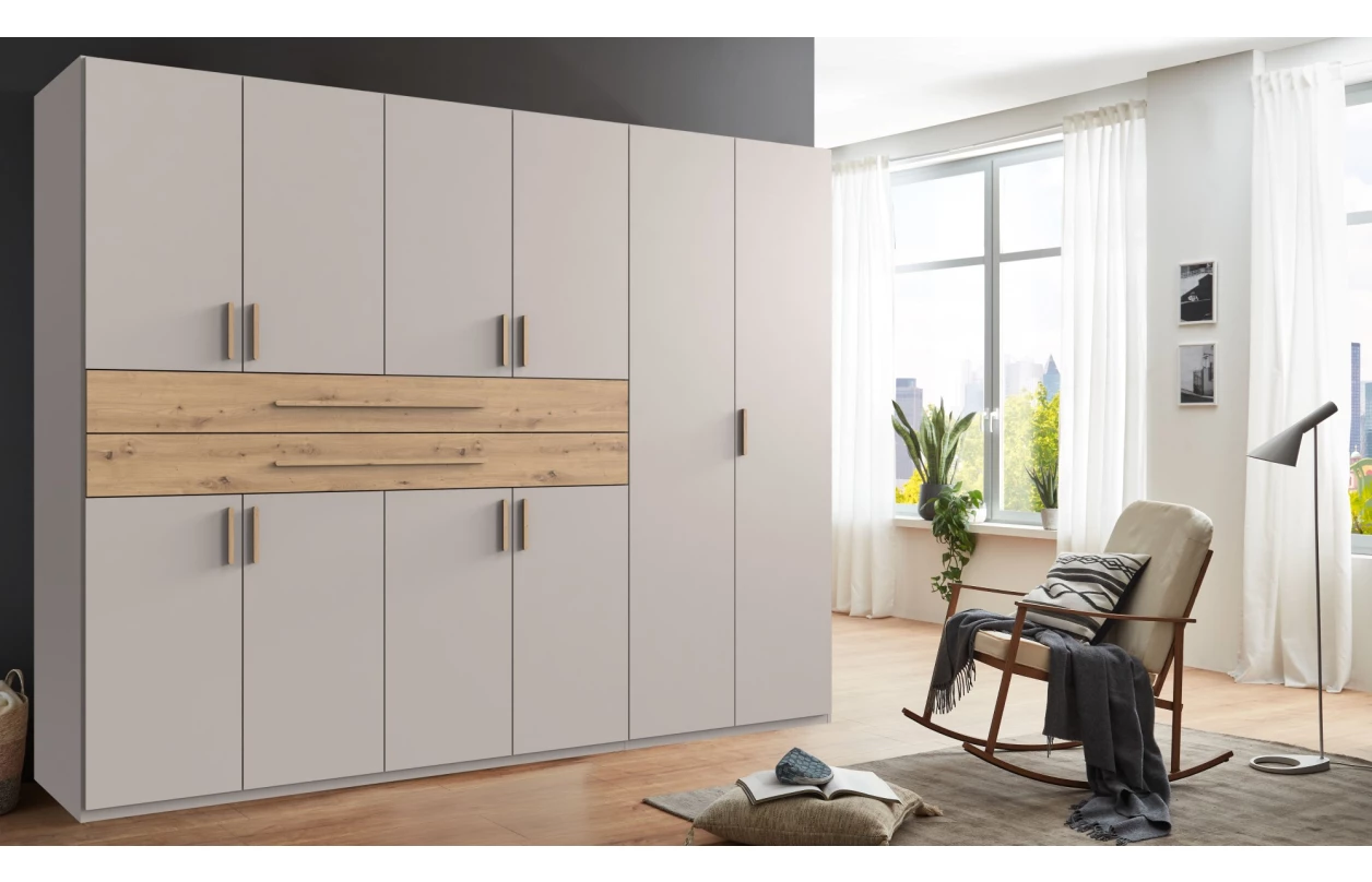 Šatníková skriňa so zásuvkami Digit, 225 cm, béžová kašmír/dub artisan 118