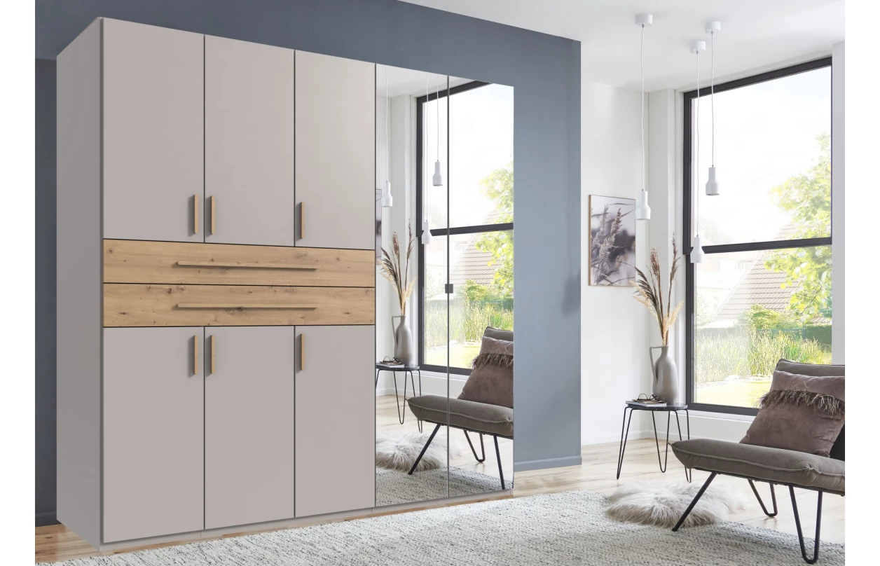 Šatníková skriňa so zásuvkami Digit, 225 cm, béžová kašmír/dub artisan 120