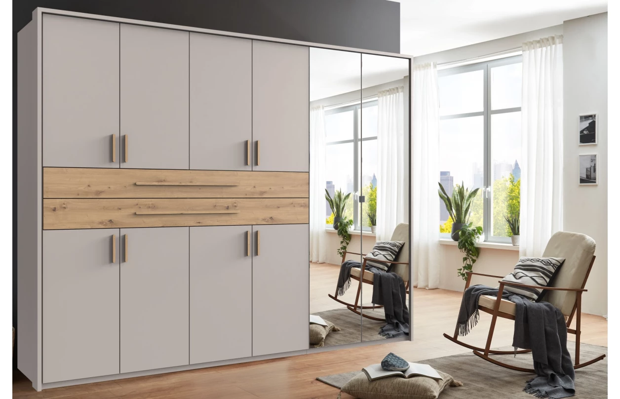 Šatníková skriňa so zásuvkami Digit, 225 cm, béžová kašmír/dub artisan 121
