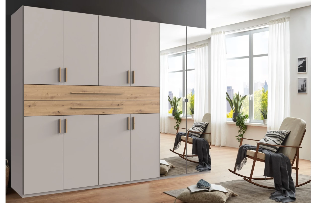 Šatníková skriňa so zásuvkami Digit, 225 cm, béžová kašmír/dub artisan 122