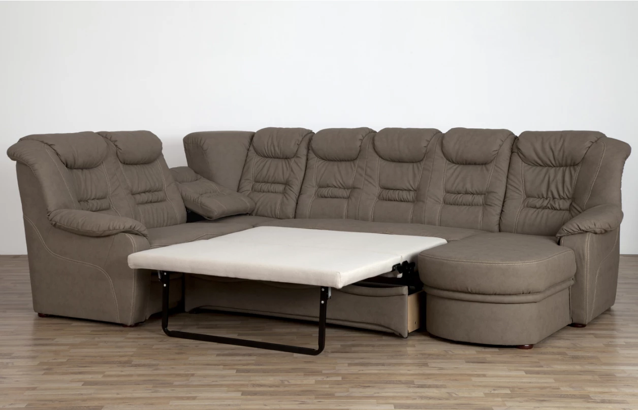 Sedacia súprava Elvis U, hnedá látka v optike kože, s rozkladom 4