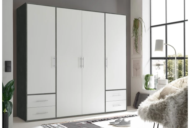 Šatníková skriňa Valencia, 206 cm, optika šedého kovu/biela