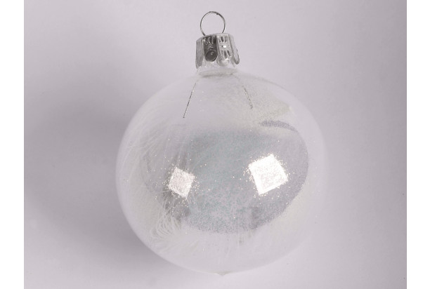 Vianočná ozdoba Guľa s perím, transparentná, sklo, 7 cm