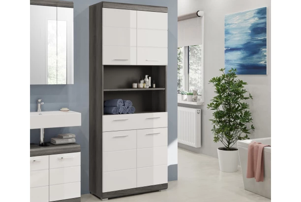 Vysoká skrinka s priehradkami Scout, šedý dub/biela lesk