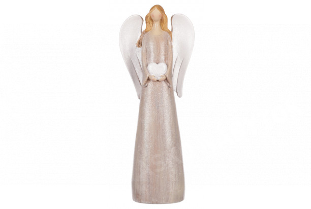 Dekoračná soška Anjel držiaci srdce, ružová, 39 cm