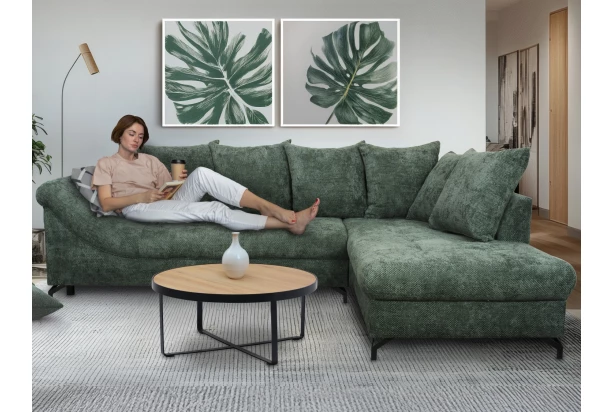 Rohová sedačka Kati, šedo-zelená látka, pravý roh