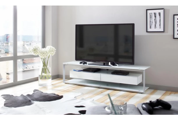 Široký TV stolík Typ, šedý kov/biele sklo