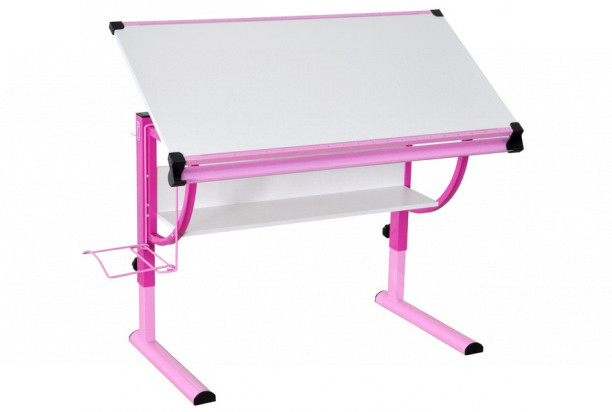 Polohovateľný písací stôl Roufas, ružový / biely
