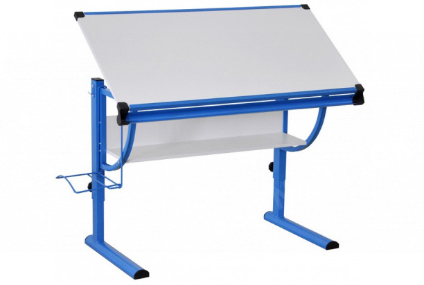 Polohovateľný písací stôl Roufas, modrý/biely