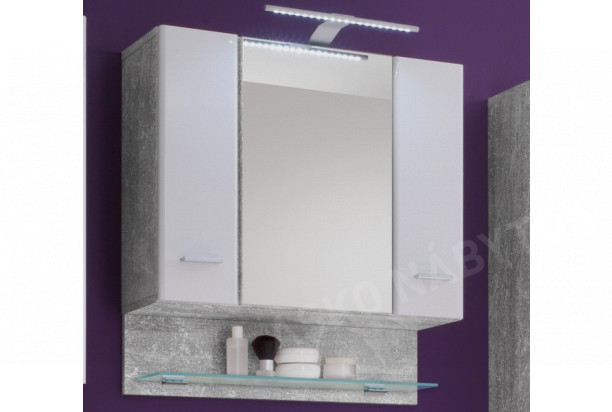 Kúpeľňová skrinka so zrkadlom Barolo, s osvětlením, šedý beton/lesklá biela