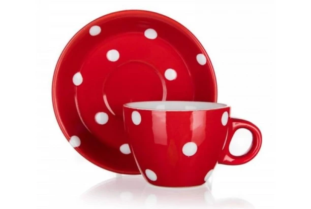 Šálka s tanierikom Dots 100 ml, červená bodkovaná